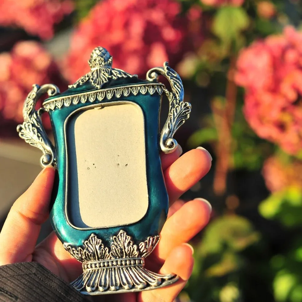 1pcs Silver Sea Green Glaze Metalwork Crystal Floral Picture frame